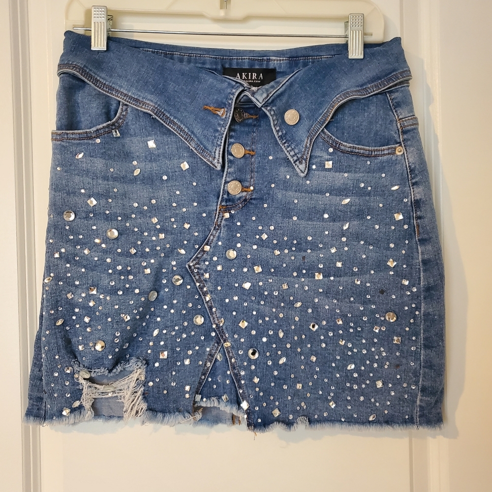Akira bedazzled distressed jean skirt